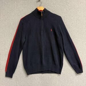 Polo Ralph Lauren Vintage Sweater Men’s Large Blue Striped Sleeve Knit 1/4 Zip